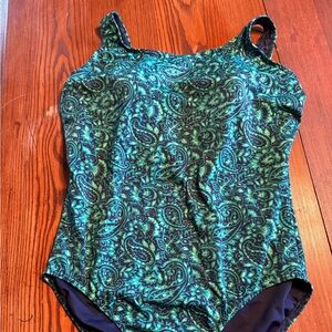 Land’s End women’s one piece swimsuit, dark green paisley pattern